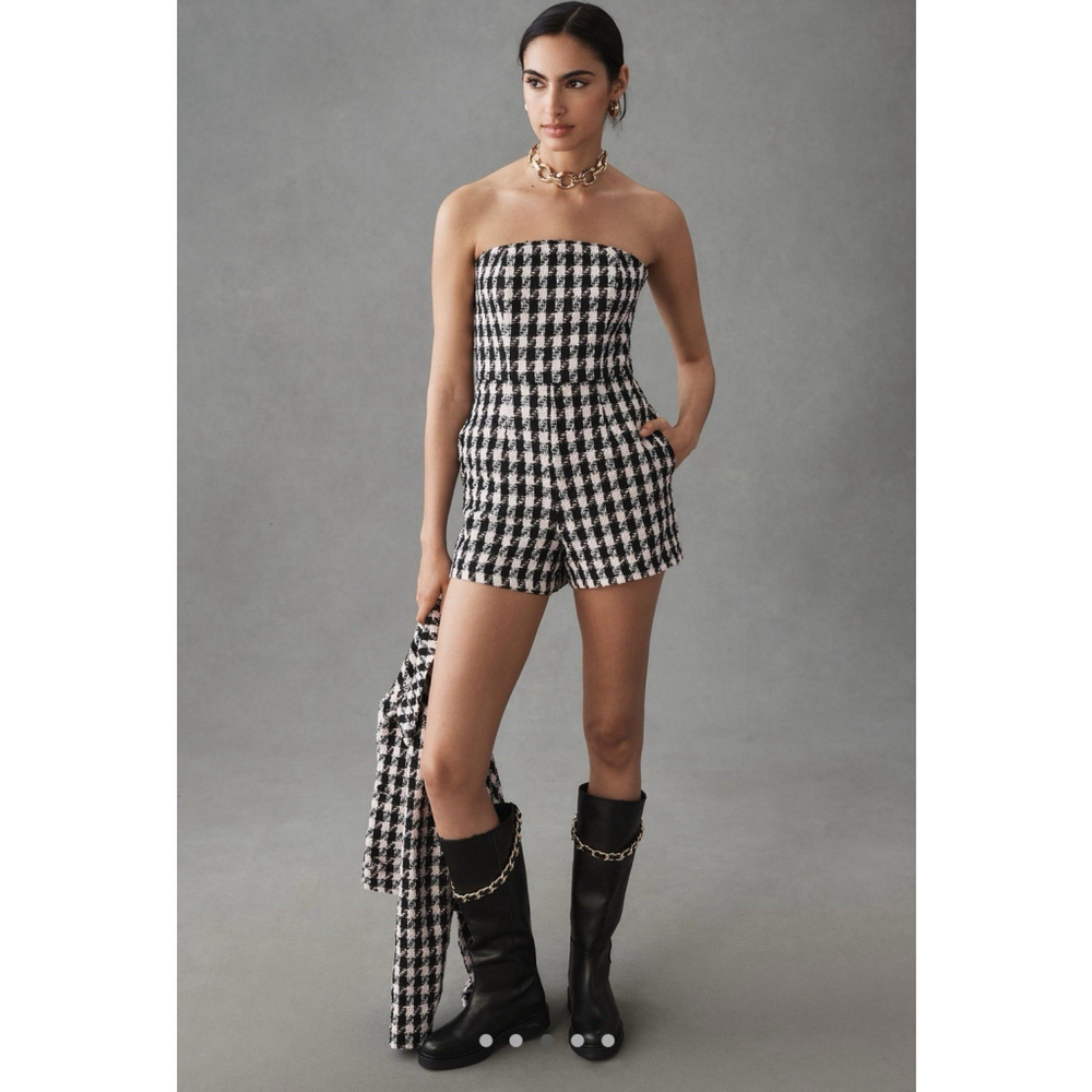 Anthropologie Hutch Houndstooth Strapless Romper Pink Women’s Size 8 Preppy